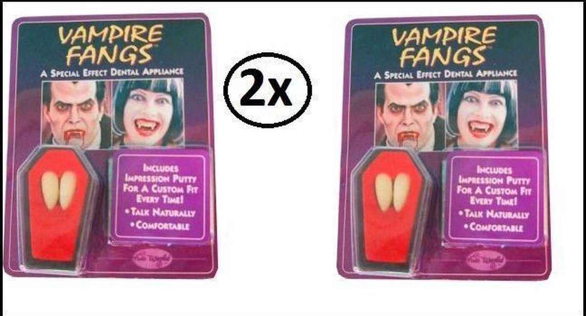 2x Vampier tanden 2 stuks in kistje