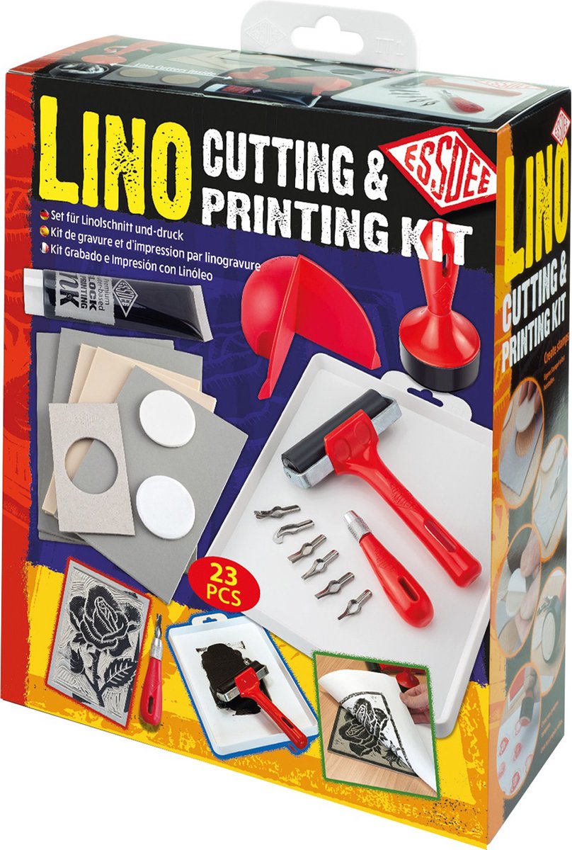 Essdee Linocut Taster kit - lino snijden voor beginners - 2 SoftCut Carving Blocks 150x105mm - Inkt Roller 45mm - 2 gutsmesjes met handvat - Zwarte inkt