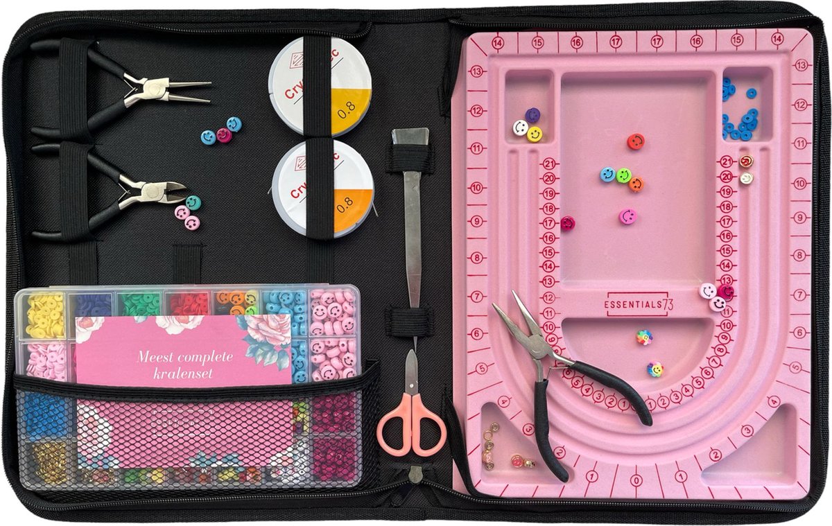 ESSENTIALS73 XXL Meest Complete Kralenpakket - Luxe Etui Zwart Incl. Kralenbord + Tangenset + Pincet + Kralenset 3000 Stuks - Sieraden maken - DIY - Starterset - Starterskit - Sieradenpakket - Rijgbord - Starterspakket - Tangen - Kralen