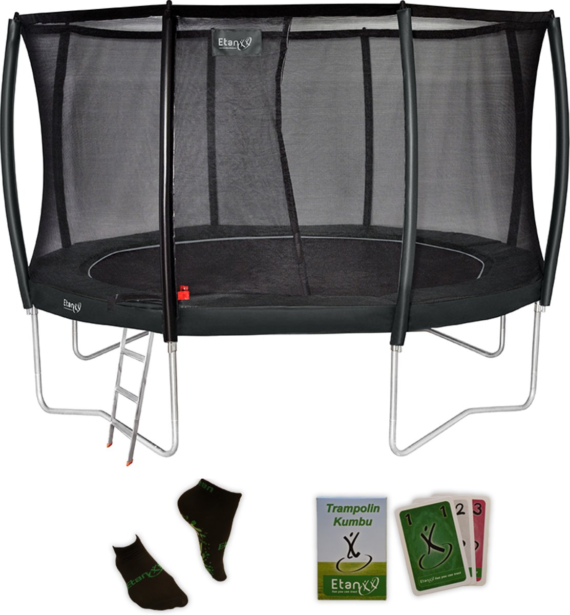 Etan Premium Gold Combi Deluxe Trampoline set - Ø366 cm - inc. sterke Deluxe Veiligheidsnet - UV-bestendige Randkussen - sterke Duitse PVC - Extreem veilig - Hoogste springcomfort -Made in Europe - Nieuwste model - Grijs - Rond