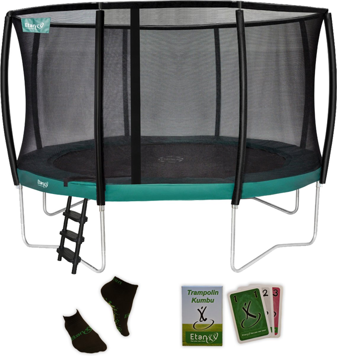 Etan Premium Gold Combi Deluxe Trampoline set - Ø427 cm - inc. sterke Deluxe Veiligheidsnet - UV-bestendige Randkussen - sterke Duitse PVC - Extreem veilig - Hoogste springcomfort - Made in Europe - Nieuwste model - Groen - Rond