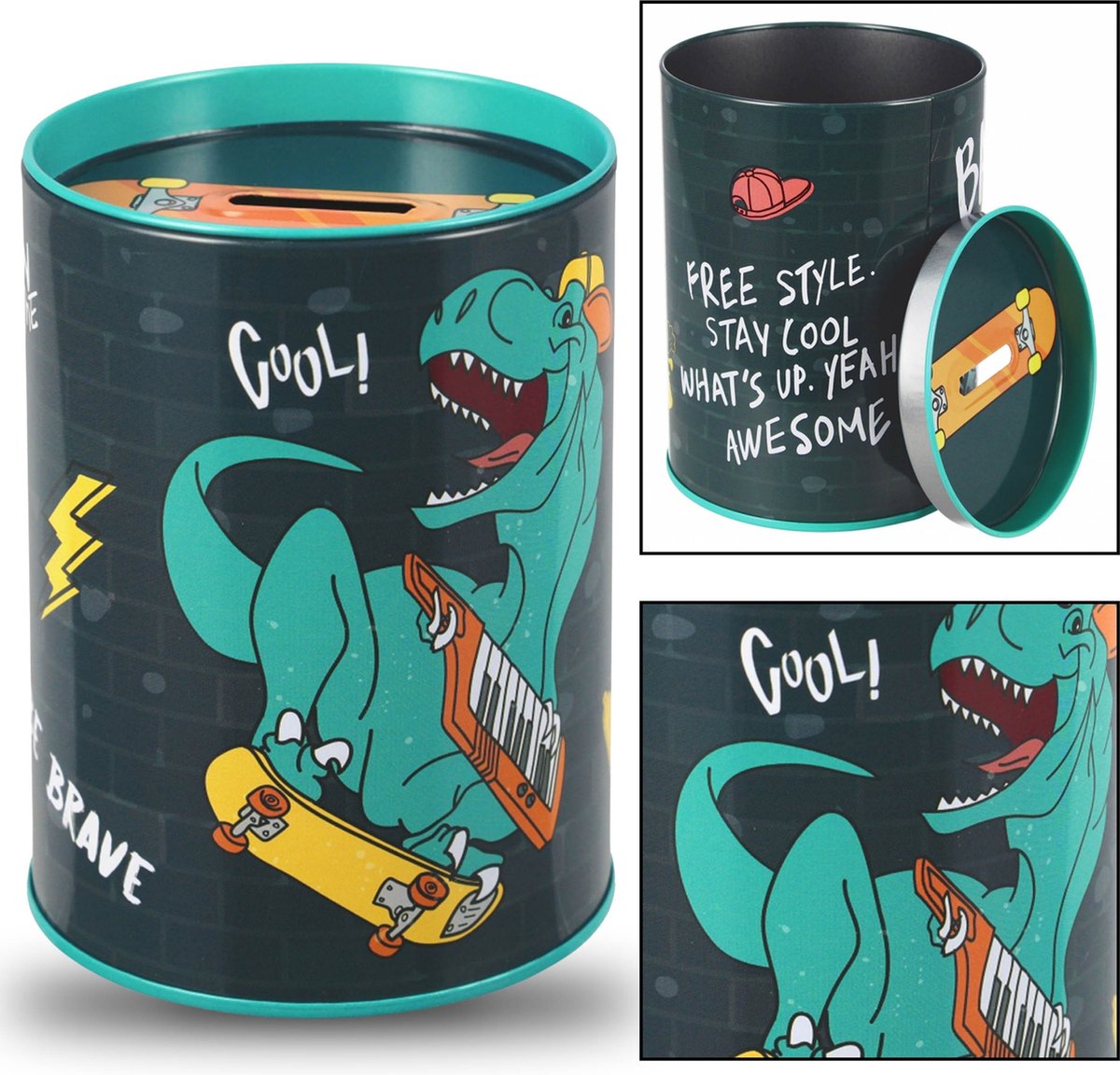 Skate Dinosaur Metalen spaarpot, ronde spaarpot voor kinderen