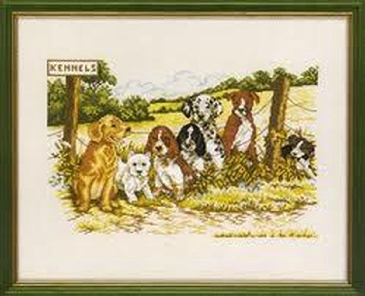 Eva Rosenstand borduurpakket kennels met honden 14-224 borduren op linnen