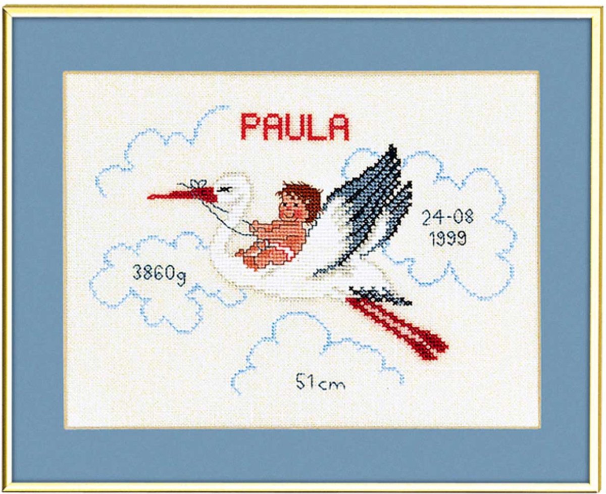 borduurpakket 14-115 ooivaarsvlucht met baby, geboorte (incl. blauw/rose garen)