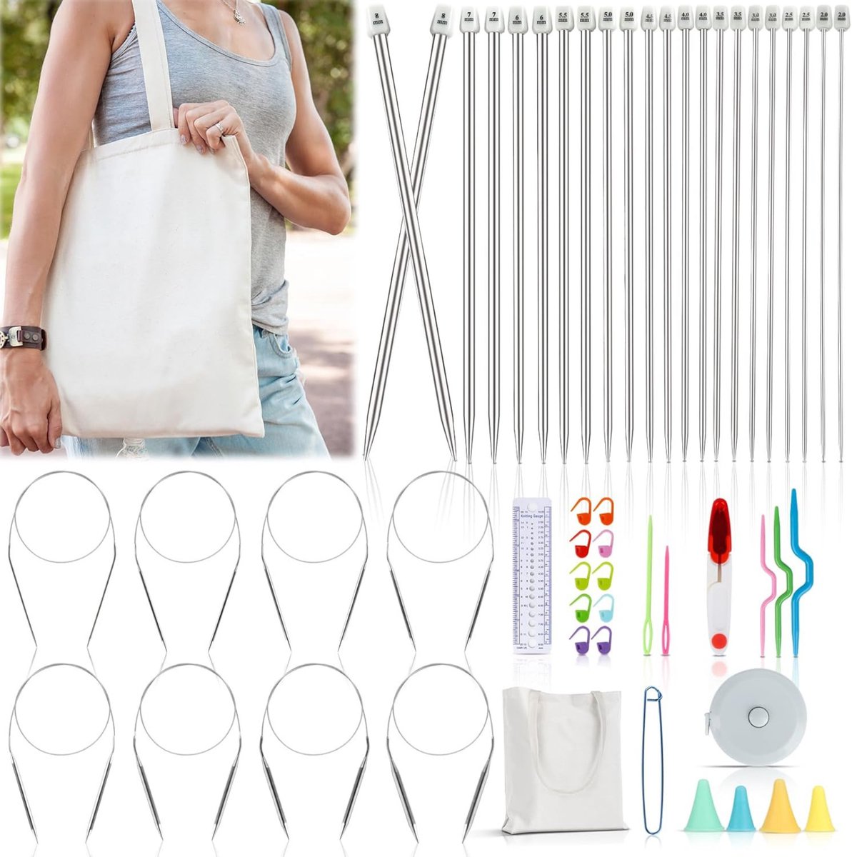 Breinaalden Set 55-Delig / Rondbreinaalden (80cm) & Breinaalden met Knop / Incl. Opbergtas & Accessoires / Breipennen