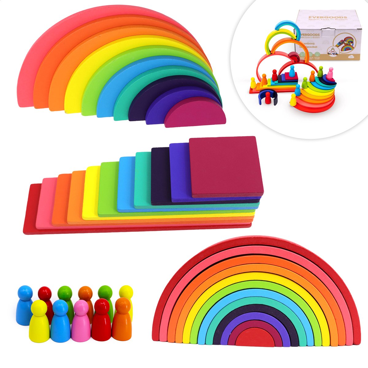 EverGoods Regenboog Speelgoed - Montessori Speelgoed- Educatief Speelgoed - Sensorisch Speelgoed - Houten Blokken