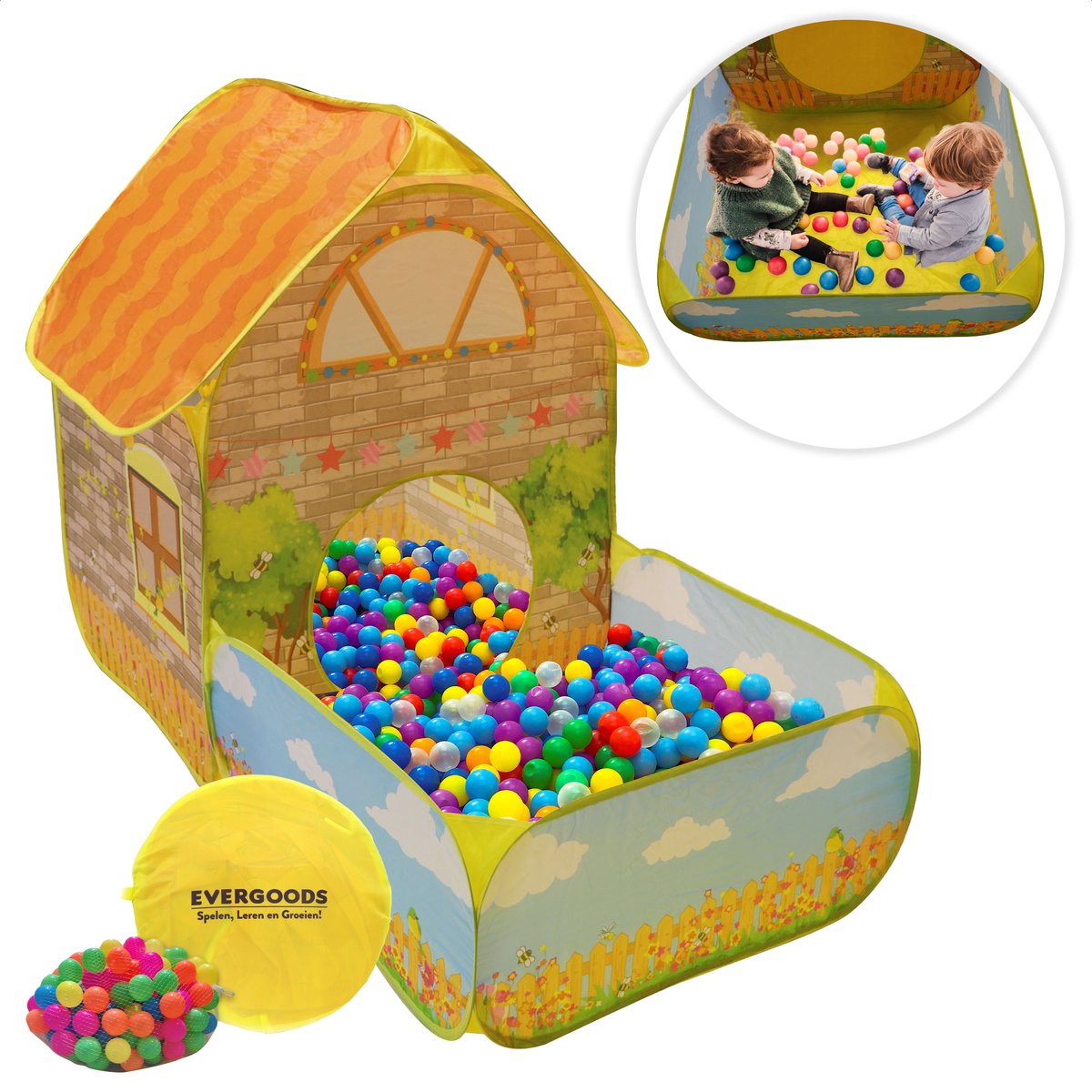 EverGoods Speelhuis Inclusief 100 ballen –   – Binnen/Buiten – Pop Up Tent – Kruiptunnel - Sensorisch Speelgoed - Kindertent - Incl. Draagzak