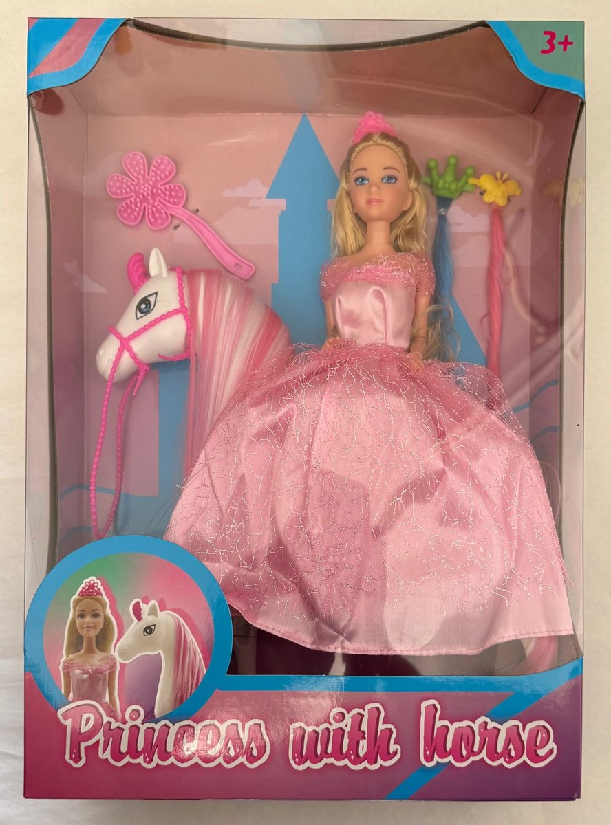 Prinsessenpop met Paard – Inclusief Haaraccessoires en Kam – 30 cm Pop & 25 cm Paard – Speelset voor Kinderen vanaf 3 Jaar