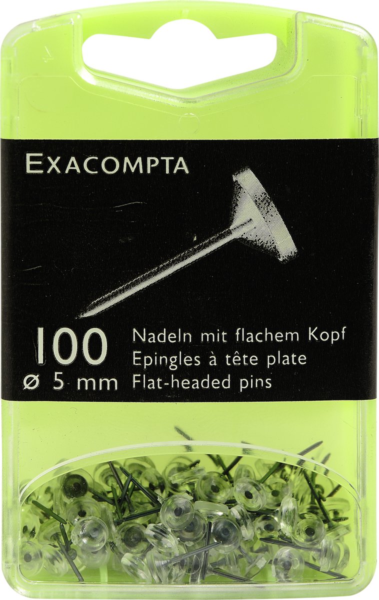 Exacompta Doos met 100 prikbordspelden met platte kop effen - punthoogte 8mm - 5mm diameter - Transparant - 14512E