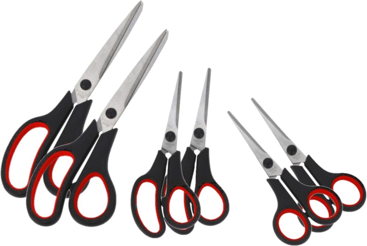 6x stuks scharen/scharenset met rood handvat 14/15/21 cm - linkshandig en rechtshandig - hobbyscharen / textielscharen / universele schaar / huishoudscharen