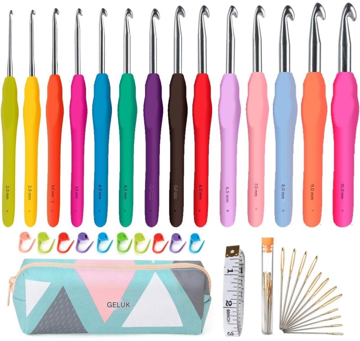 EXCITAT Haaknaaldenset - Zachte rubberen haaknaalden met comfortabele grip - Breinaaldenset - Huishoudelijke gereedschappen - Met draagtas - 14 kleurrijke artikelen