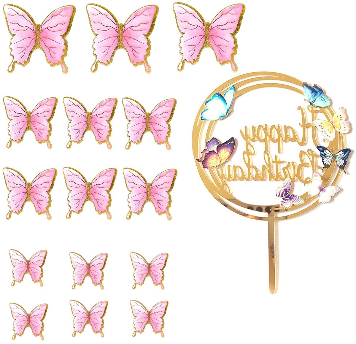EXCITAT Taartdecoraties - Taartdecoratie set - Verjaardagstaartdecoratie Vlinder – Perfect voor Feesten, Bruiloften, Verjaardagen – Set van 16