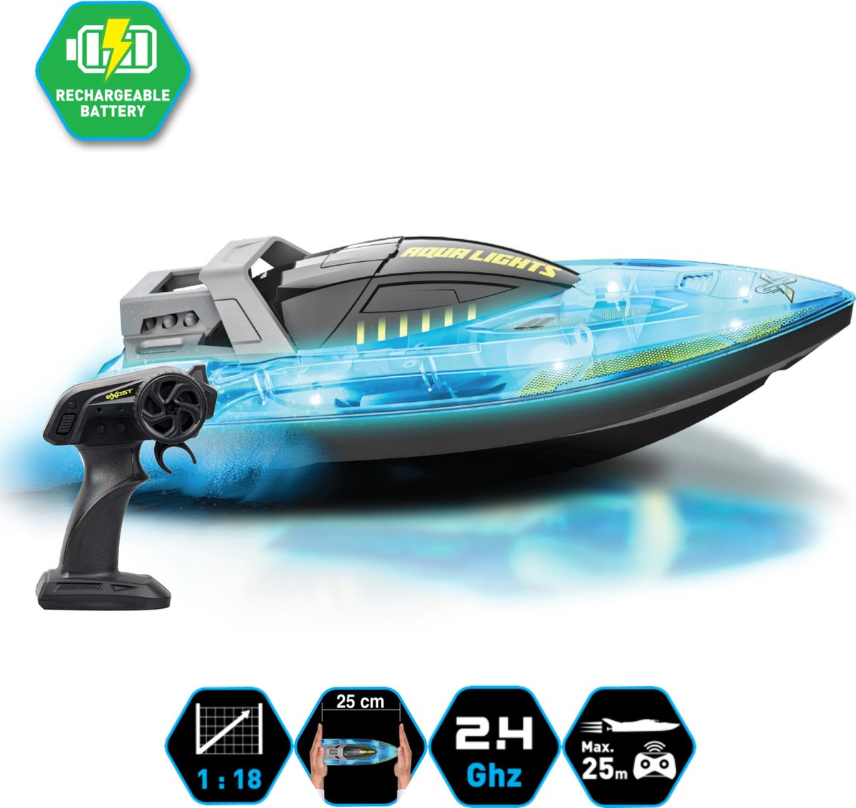 Exost RC Aqua Lights Speedboat 1:18 - Met lichteffect - Incl. oplaadbare batterij