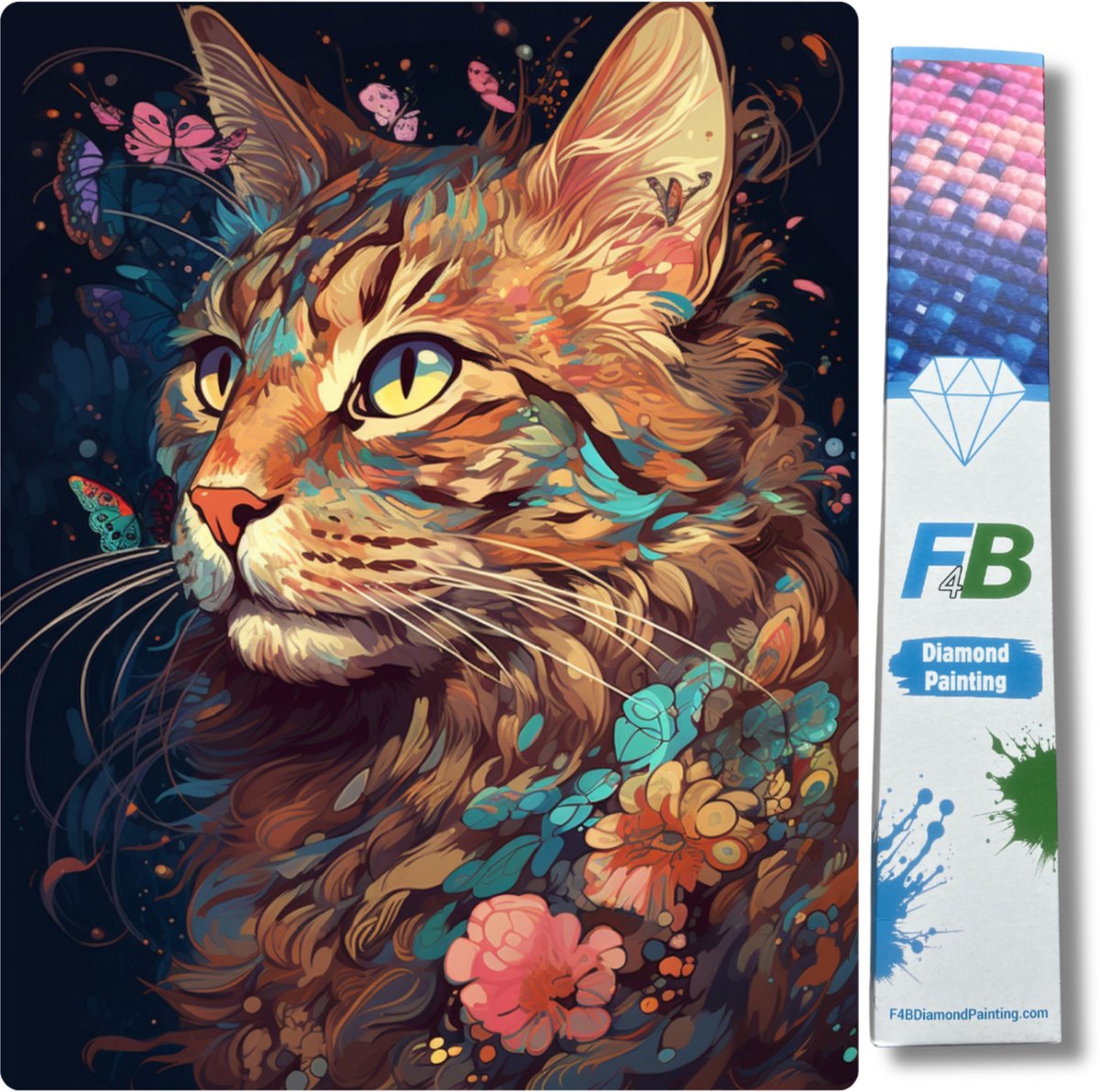 F4B Diamond Painting Kat Portret met Bloemen – 30x40 cm – Vierkante Steentjes