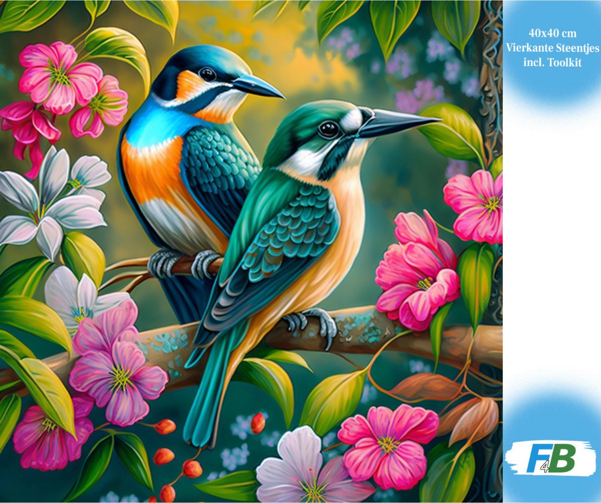 F4B Diamond Painting Kleurrijke Vogels met Bloemen – 40x40 cm – Vierkante Steentjes