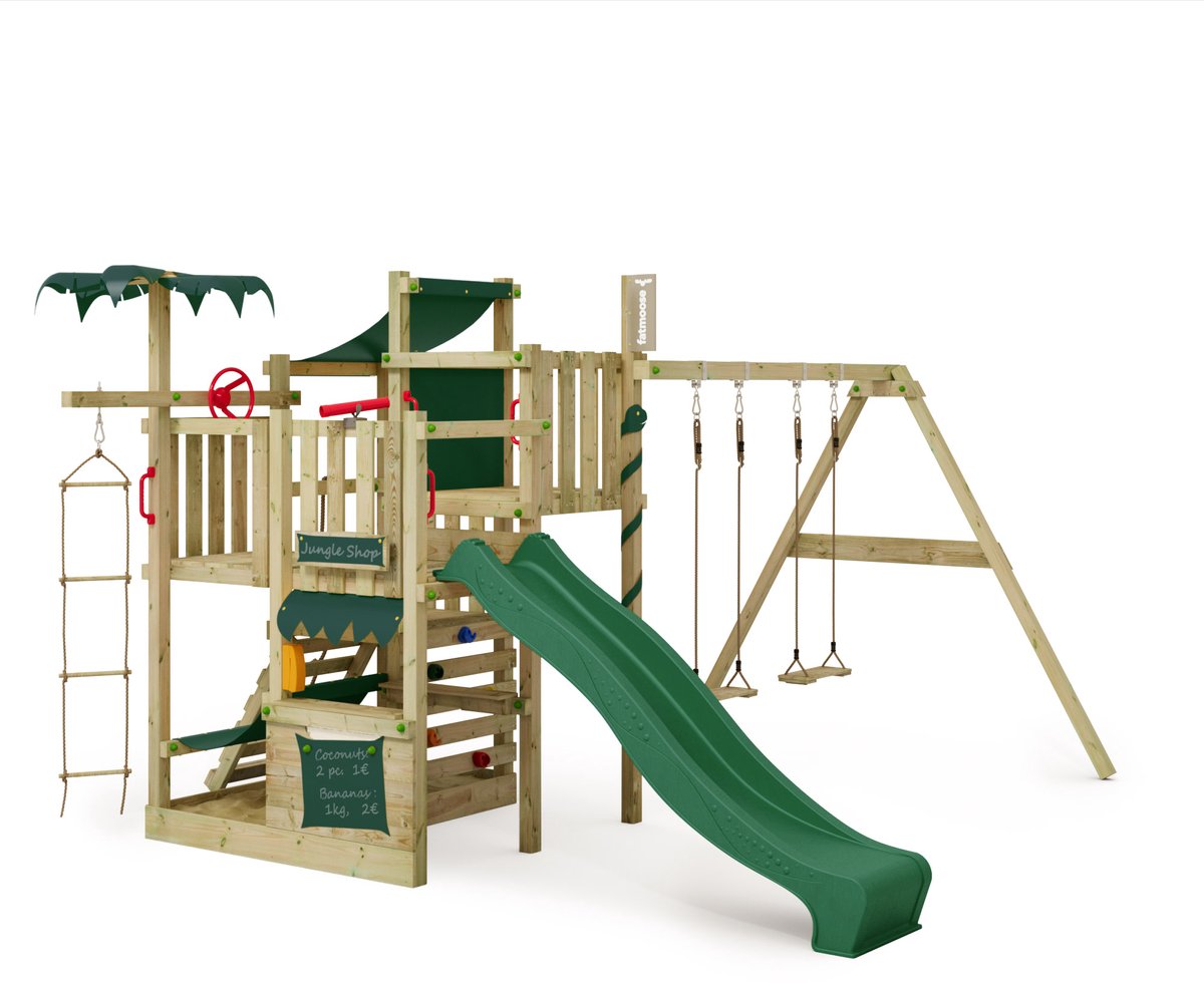 FATMOOSE Speeltoestel CrazyCoconut - Strandgevoel op de speeltoren met dubbele schommel - Groen