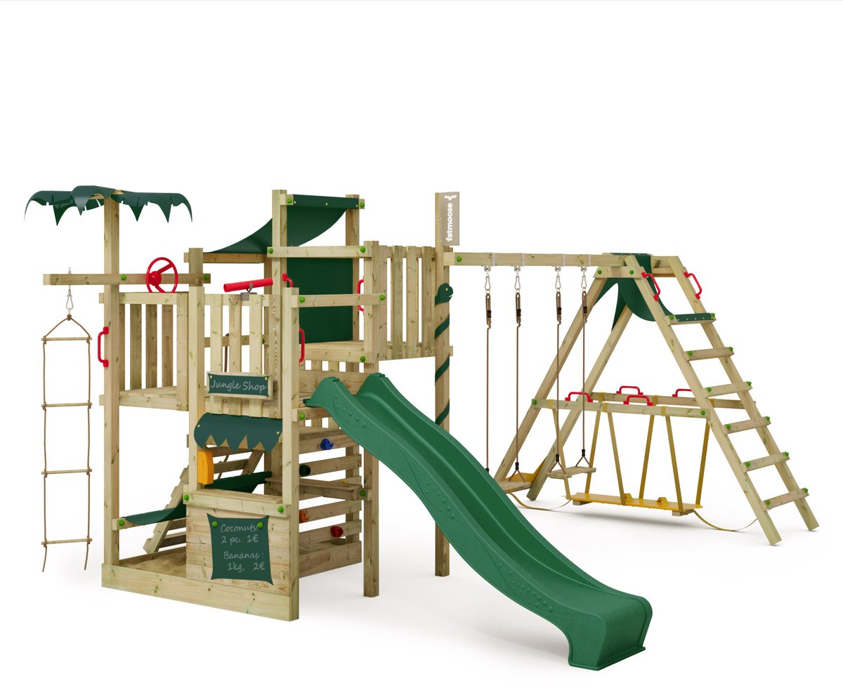 FATMOOSE Speeltoestel CrazyCoconut - Strandgevoel op de speeltoren met dubbele schommel en glijbaan - Groen