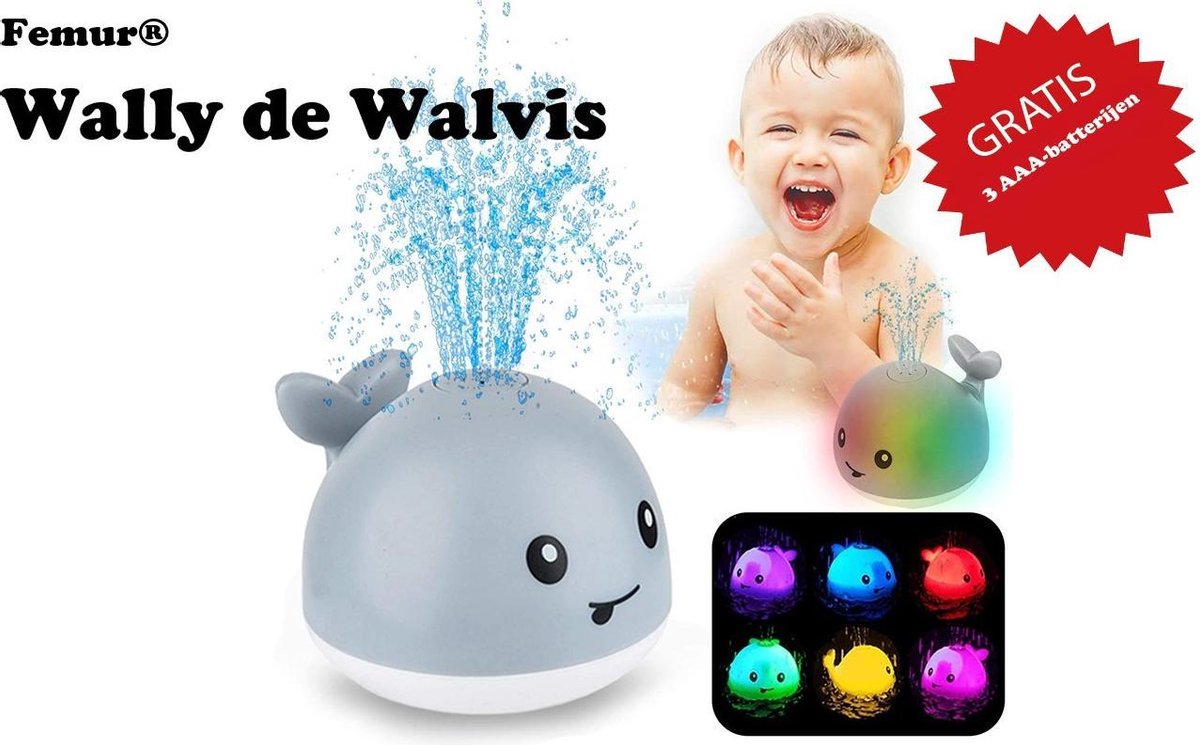 Wally de Walvis-GRIJS-Femur®-Badspeelgoed-Badspeeltje-Fontein-LED-GRATIS Batterijen