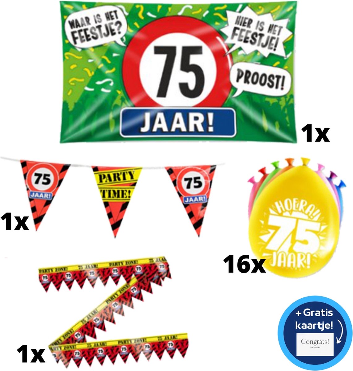 75 jaar versiering pakket - Versiering Verjaardag - Versiering 75 Jaar Verjaardag - Slingers - Gevelvlag- Ballonnen - Afzetlint