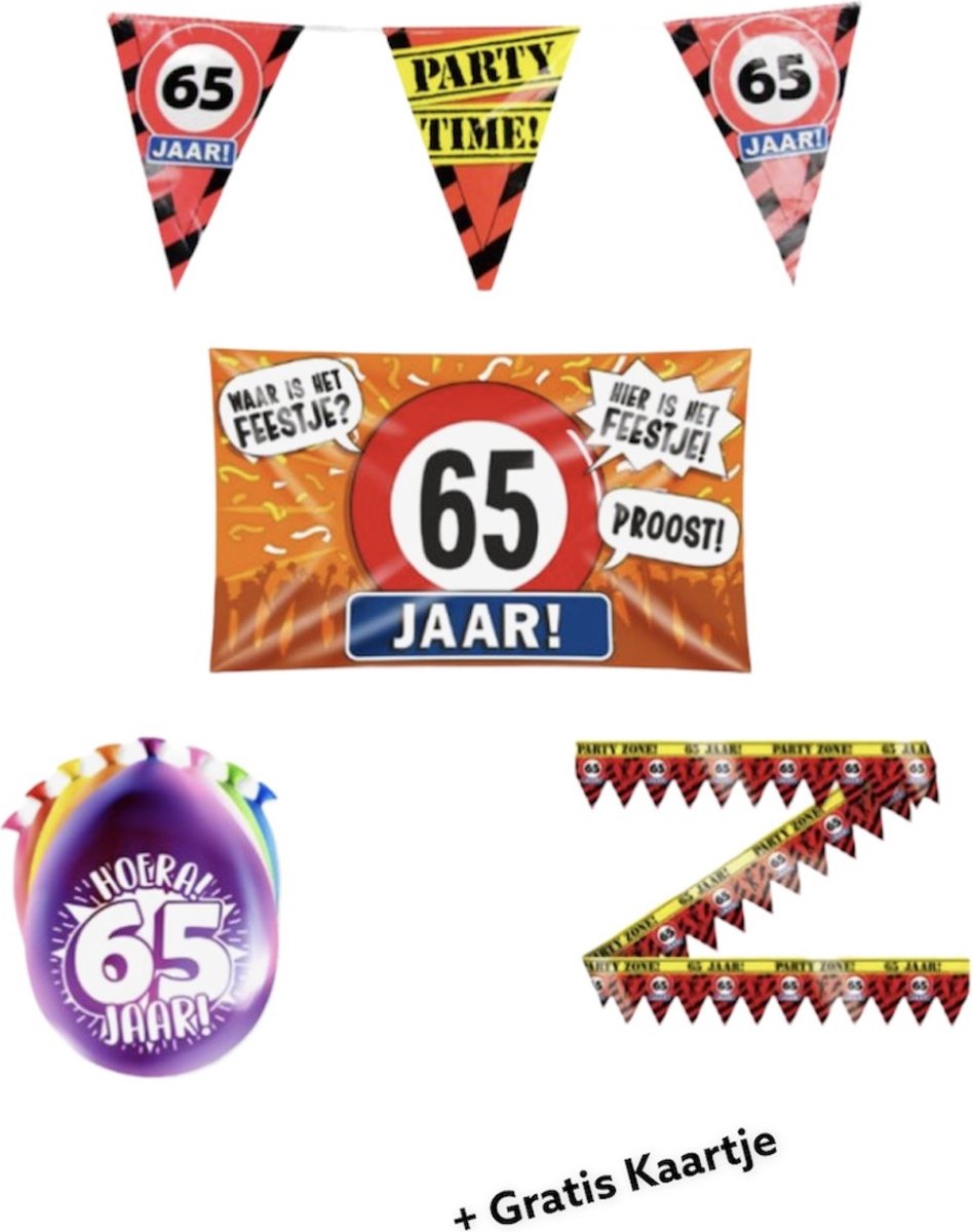 FG 65 jaar versiering pakket - Versiering Verjaardag - Versiering 65 Jaar Verjaardag - Slingers - Gevelvlag- Ballonnen - Afzetlint