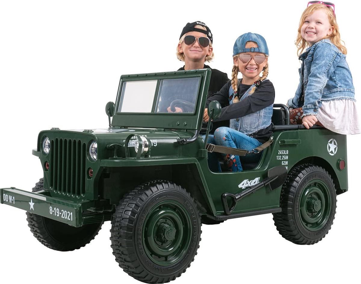 Elektrische Kinderauto - Willys Jeep - 24V - 3-Persoons - Met Afstandsbediening - Matcha - Army