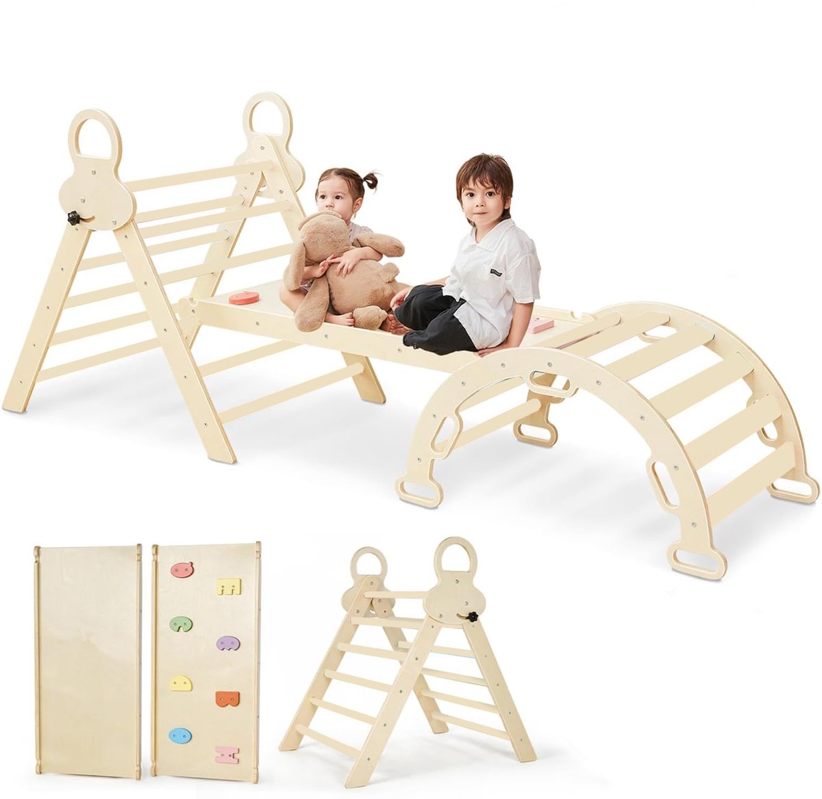   Opvouwbare Driehoek + Klimboog + Helling met  /Glijbaan - Pikler - Montessori Meubels Houten Speelgym (Naturel)