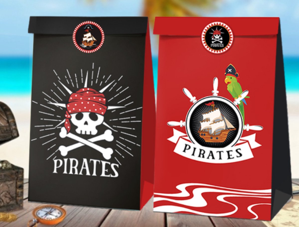 FISKA - 12x Uitdeelzakjes Piraat - Feestzakjes - Uitdeelzakjes - Cadeauzakjes - Themafeest - Kinderfeest - Kinderverjaardag - Uitdeelcadeaus - Uitdeelzakjes Piraten