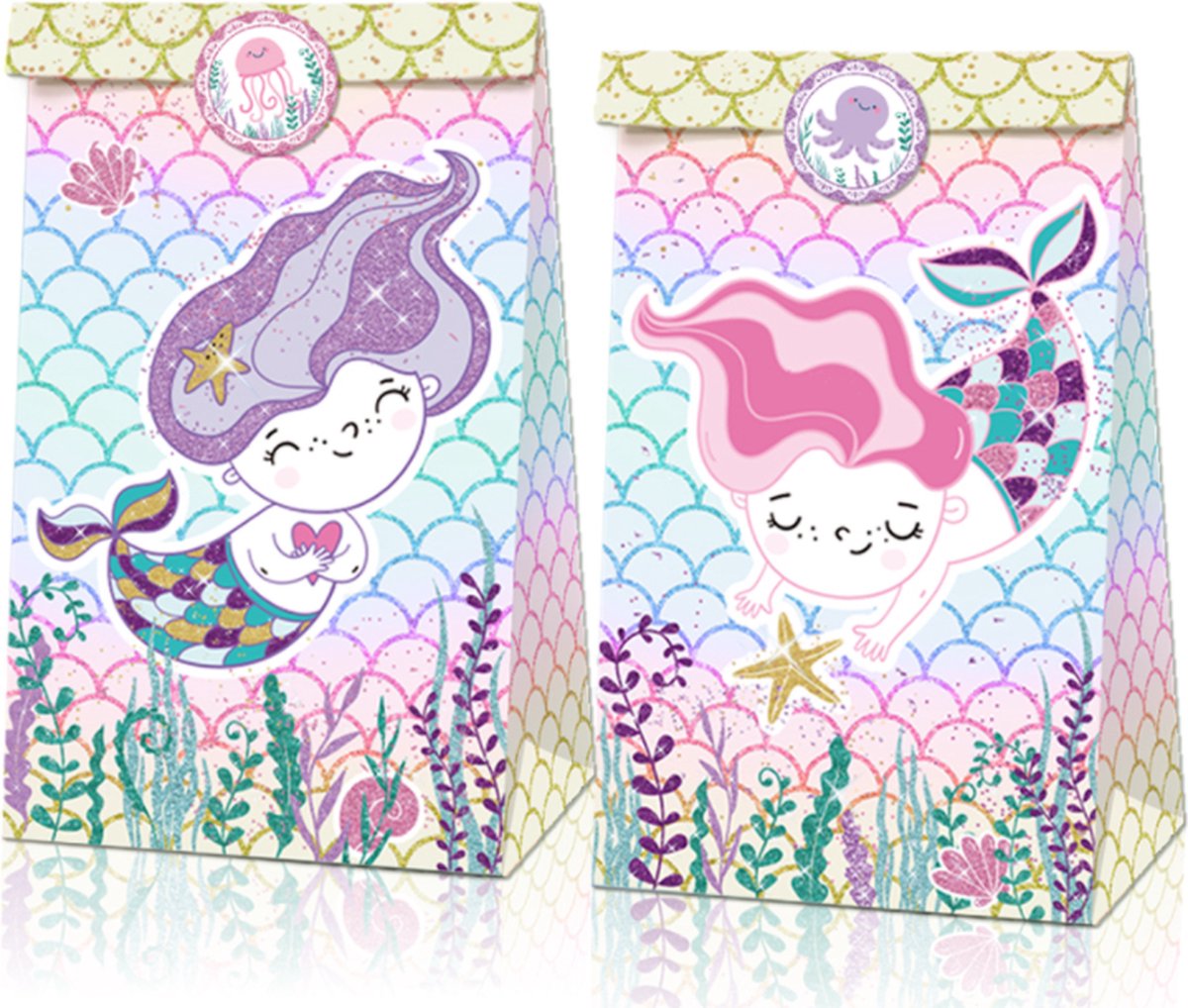 FISKA - 12x Uitdeelzakjes Zeemeermin - Uitdeelzakjes - Feestzakjes - Cadeauzakjes - Themafeest - Inclusief Stickers - Kinderfeest - Kinderverjaardag - Uitdeelcadeaus - Uitdeelzakjes Zeermeermin