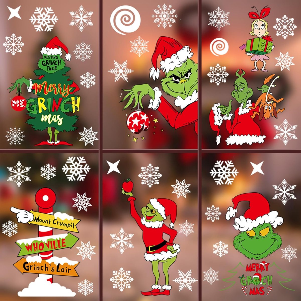 FLOOQ Raam Stickers Kerst Grinch - Decoratie - Sneeuwvlokken - Kerstman - Rendier - Kerst Stickers - Herbuikbaar - 3 Vellen
