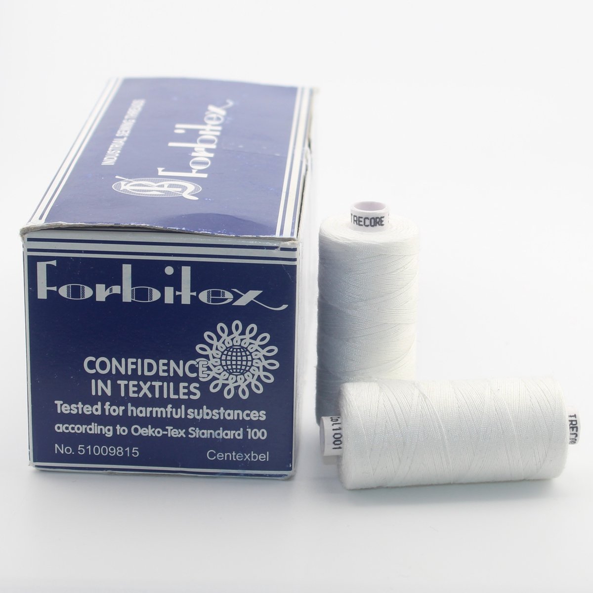 1 Stuk DOOS met 10 BOBIJNTJES FORBITEX TRECORE 30 POLYESTER GAREN, Lengte 300 Meter, Totaal 3000 Meter, Kleur 1001 WIT