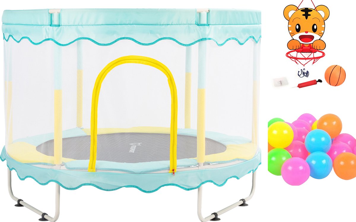 FOXSPORT Kinder Trampoline - Trampoline met Elastieken - Outdoor - Buitenspeelgoed - Trampoline met veiligheidsnet - 110 cm Veiligheidsnet - 150 cm - Blauw