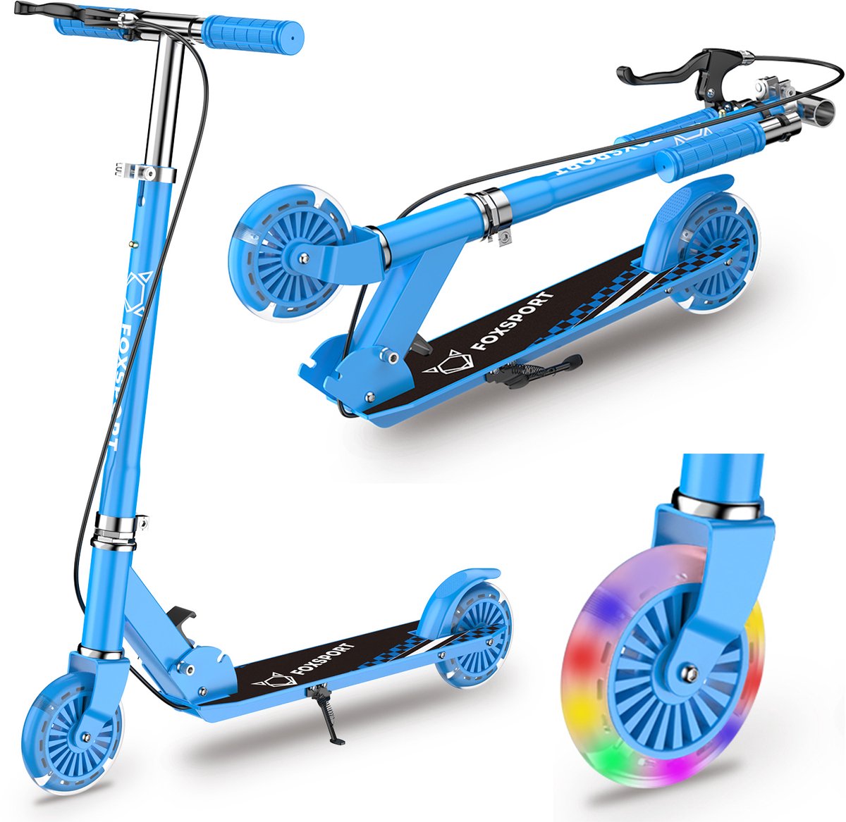 FOXSPORT Kinderstep - Step - Met handrem - Hoogteverstelling op drie niveaus - Speelgoed Jongens/Meisjes - Draagkracht tot 100 kg -120mm Lichtgevende Wielen - Blauw