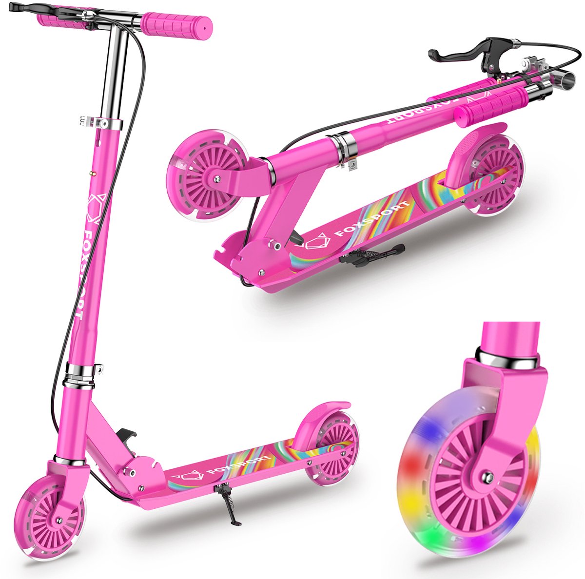 FOXSPORT Kinderstep - Step - Met handrem - Hoogteverstelling op drie niveaus - Speelgoed Jongens/Meisjes - Draagkracht tot 100 kg -120mm Lichtgevende Wielen - Rose roos