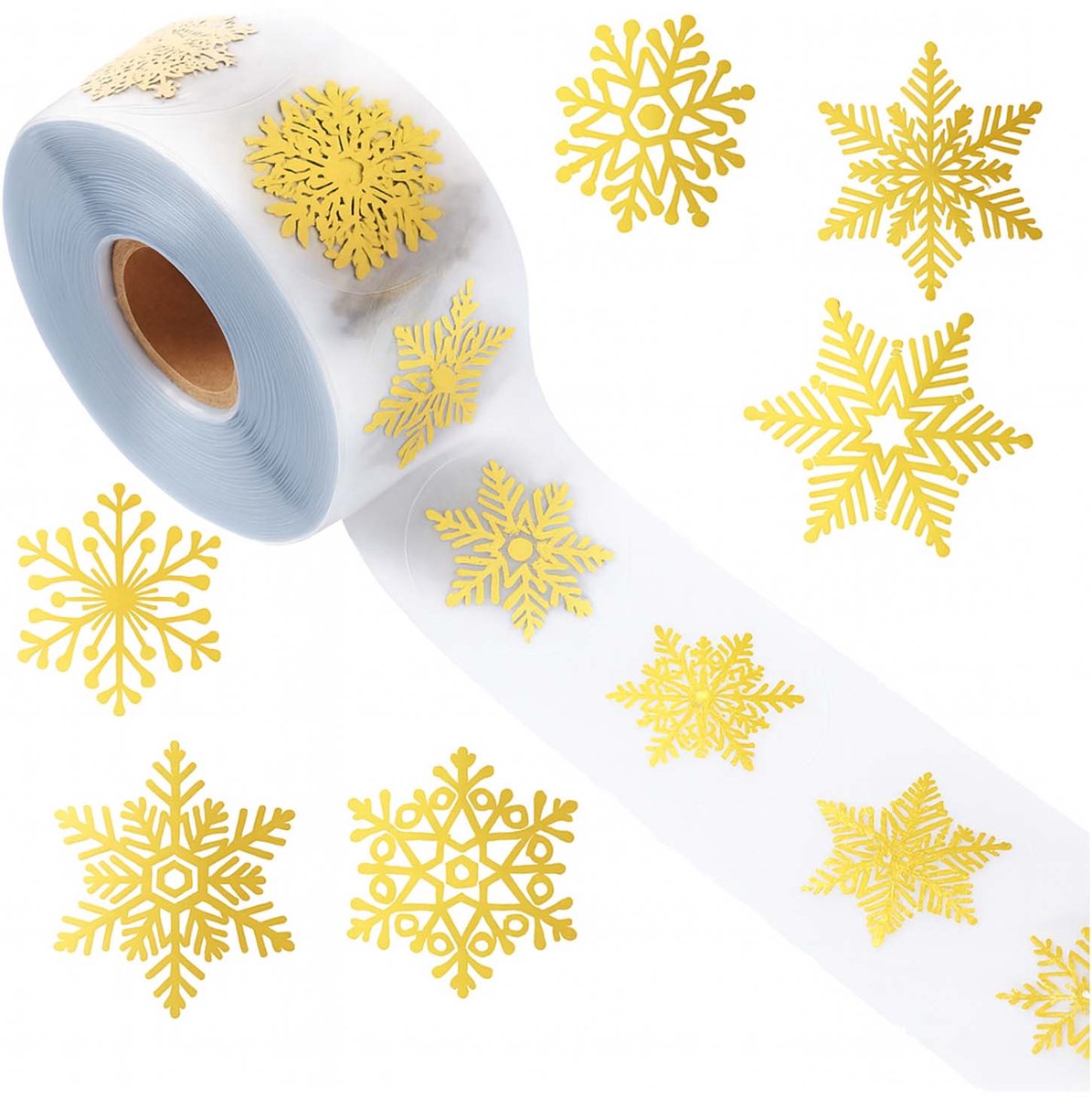 FSW-Products – Kerst Stickers op Rol – 100 stuks – Ø 25 mm – Gouden Sneeuwvlok Stickers – Kerstversiering & Cadeau Decoratie
