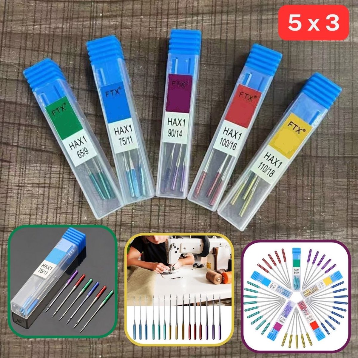 Set van 15 NAAIMACHINE NAALDEN voor HUISHOUD NAAIMACHINES, 3 Naalden per Maat, 5 Verschillende Maten