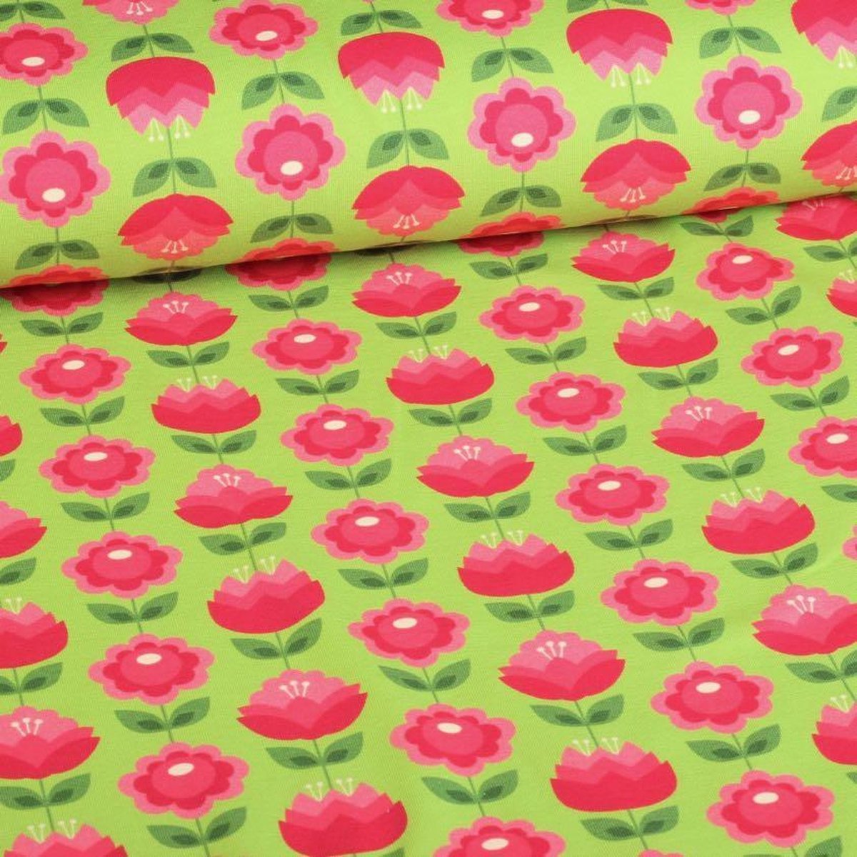 Funkytex Tricot stof katoen stretch bedrukt Retro Bloem 1 exclusief 2 meter Groen