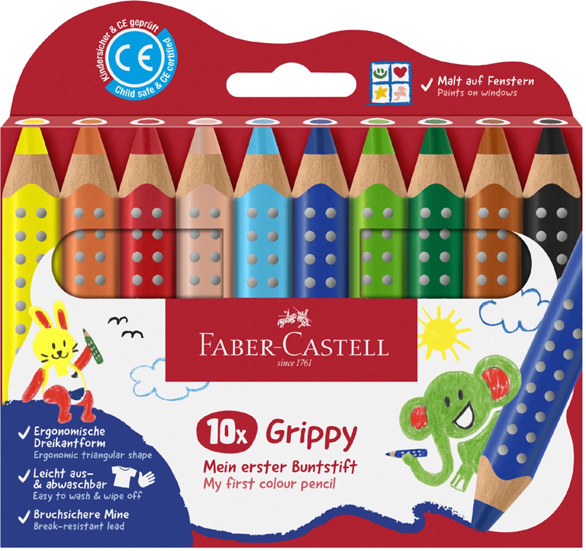 FABER-CASTELL Driekantige kleurpotloden Grippy, kartonnen etui met 10 stuks