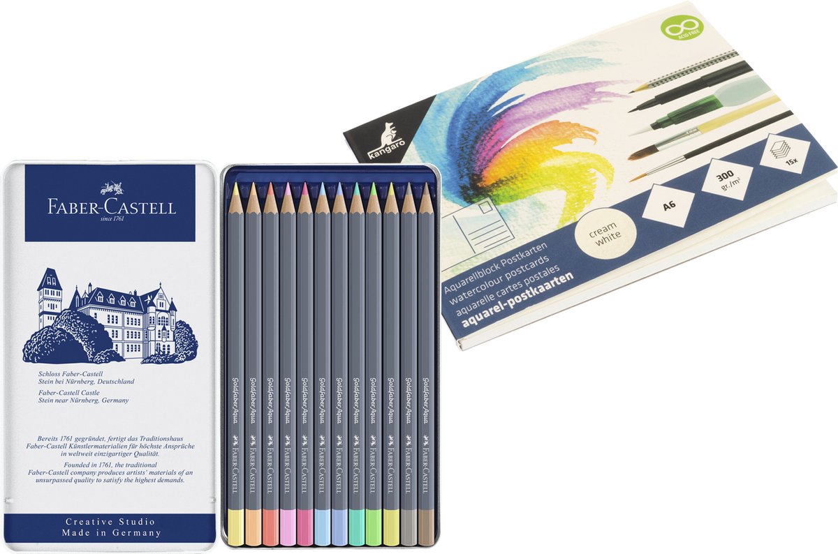 Faber-Castell aquarelpotloden - Goldfaber - blik met 12 stuks - Pastel - met GRATIS A6 aquarelblok - WS-FC-114622