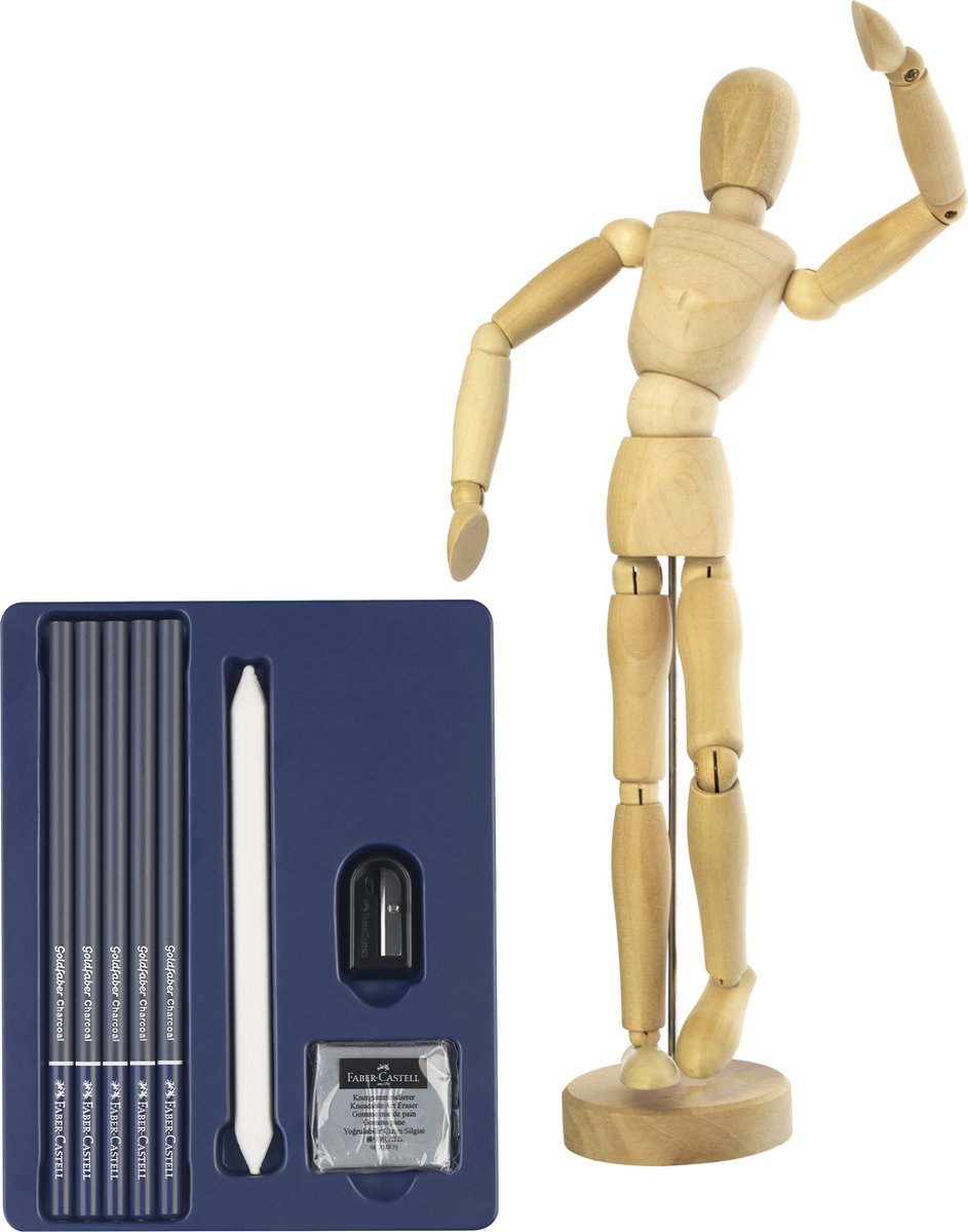 Faber-Castell houtskoolset - 8-delig - met GRATIS houten tekenpop - WS-FC-114006