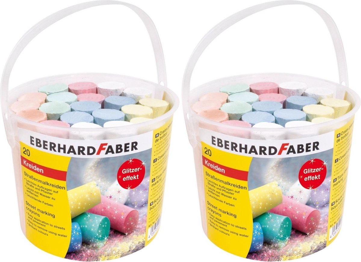 Set van 2 emmers met glitter straatkrijt (20 stuks krijt per stuk)