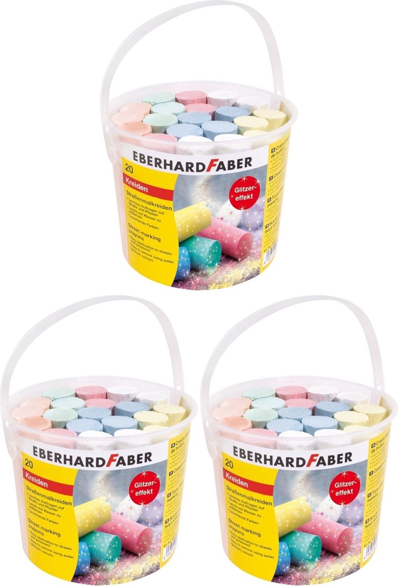 Set van 3 emmers met glitter straatkrijt (20 stuks krijt per stuk)