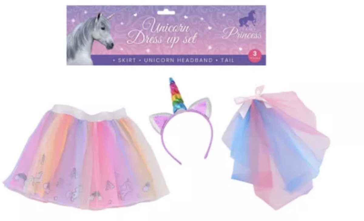 Eenhoorn Verkleedset - Unicorn - 3 Delige Set - Verkleden - Eenhoorn - Jong & Oud - Speelgoed - Pastelkleuren - Duurzaam - Kinderfeestje - Cadeau - Kinderen - Bijpassende haarband - Magisch - Carnaval - Jongens & Meisjes - Speelgoed