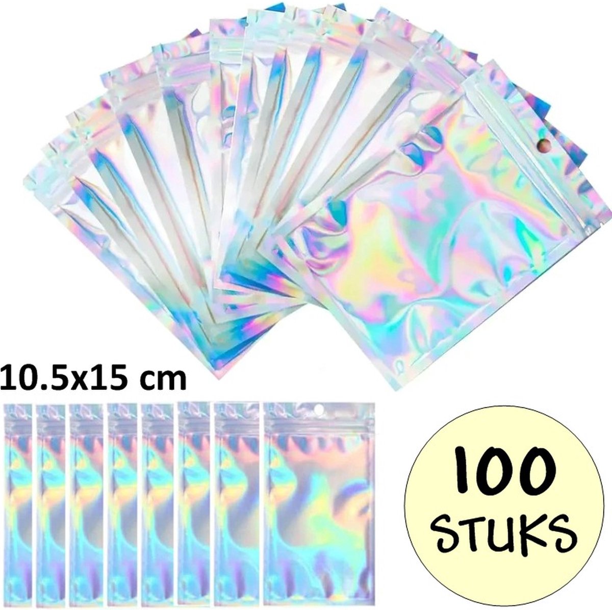 100 Holografische Folie Zip Lock Zakjes Met Gat - Hersluitbare Mylar Zakken - 10.5x15cm - Uitdeelzakjes - Transparant - Snoepzakjes - Cadeauzakjes - 100 Stuks