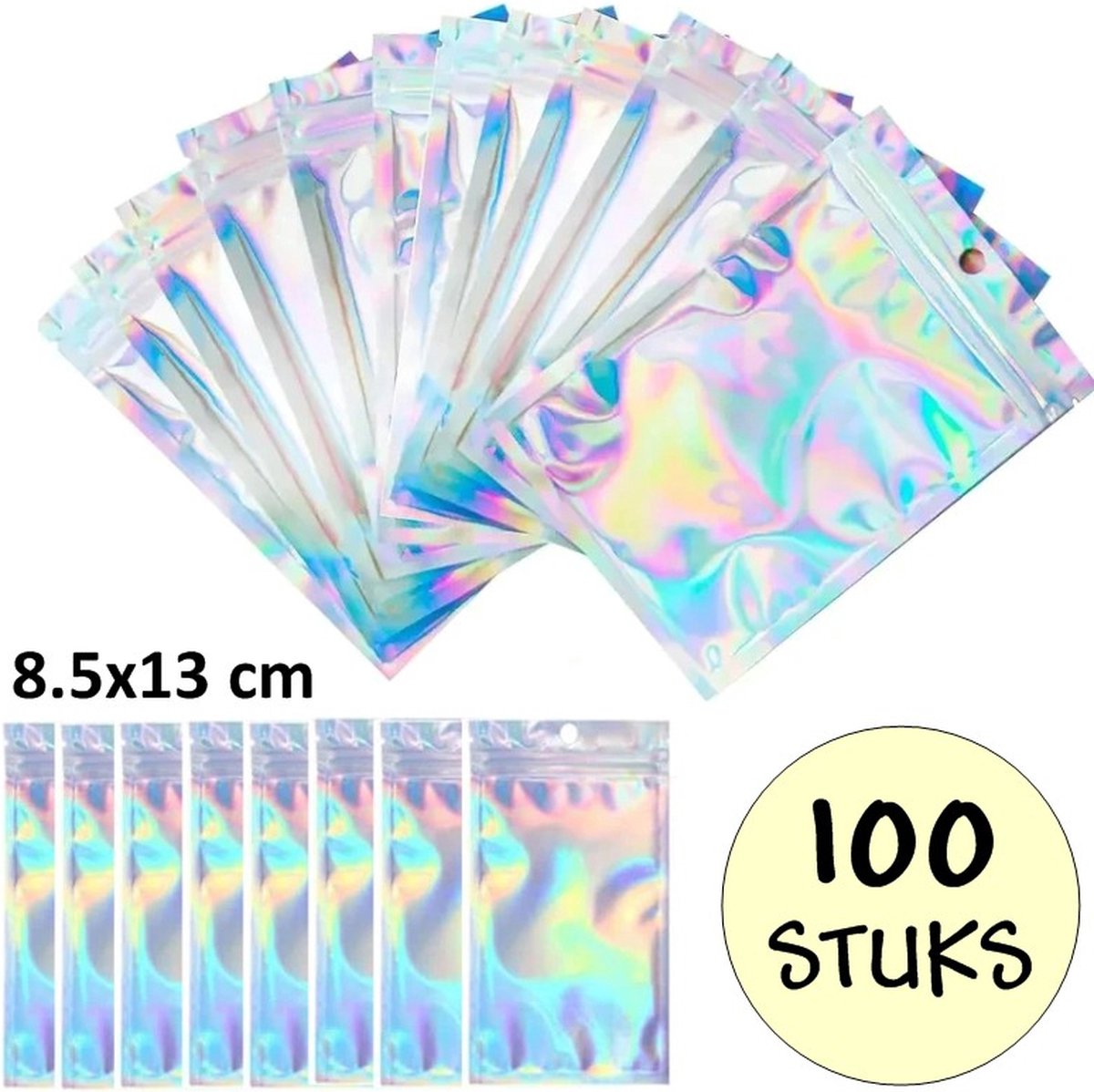 100 Holografische Folie Zip Lock Zakjes Met Gat - Hersluitbare Mylar Zakken - 8x13cm - Uitdeelzakjes - Transparant - Snoepzakjes - Cadeauzakjes - 100 Stuks