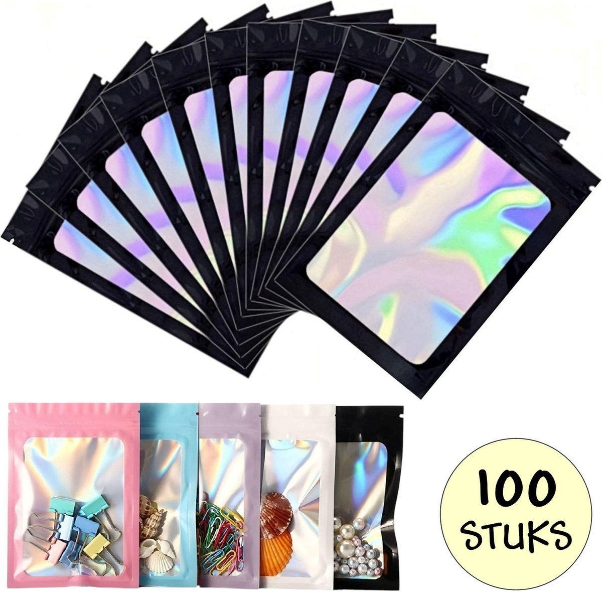 100 Zwarte Holografische Folie Zip Lock Zakjes - Hersluitbare Mylar Zakken - 7x10cm - Uitdeelzakjes - Transparant - Snoepzakjes - Cadeauzakjes - 100 Stuks
