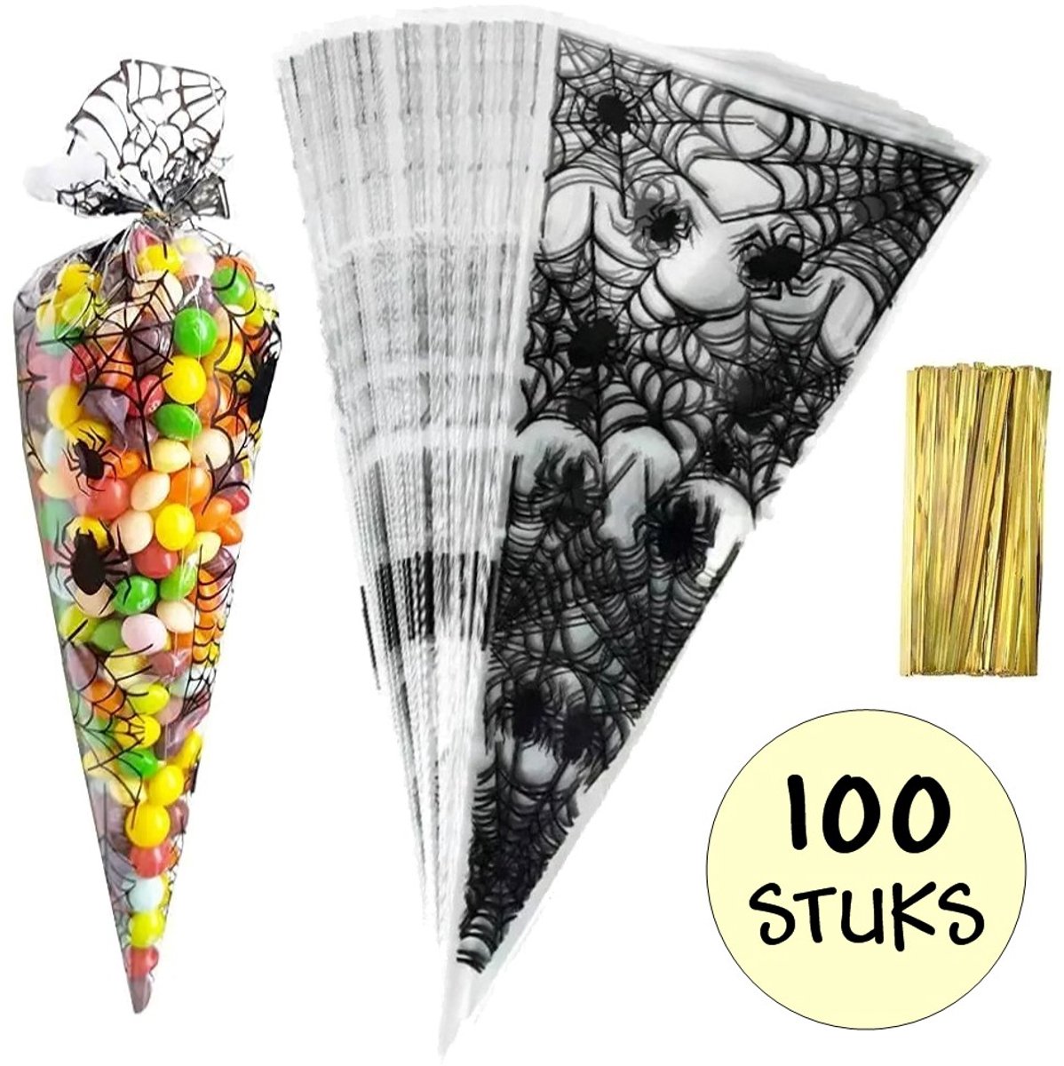 100x Cellofaan Puntzakken Spinnenweb - 34x17cm - Puntzak Halloween Spinnenwebben - Traktatie Zak - Uitdeelzak - Snoepzak - Inclusief Sluitstrips - 17x34cm - 100 Stuks