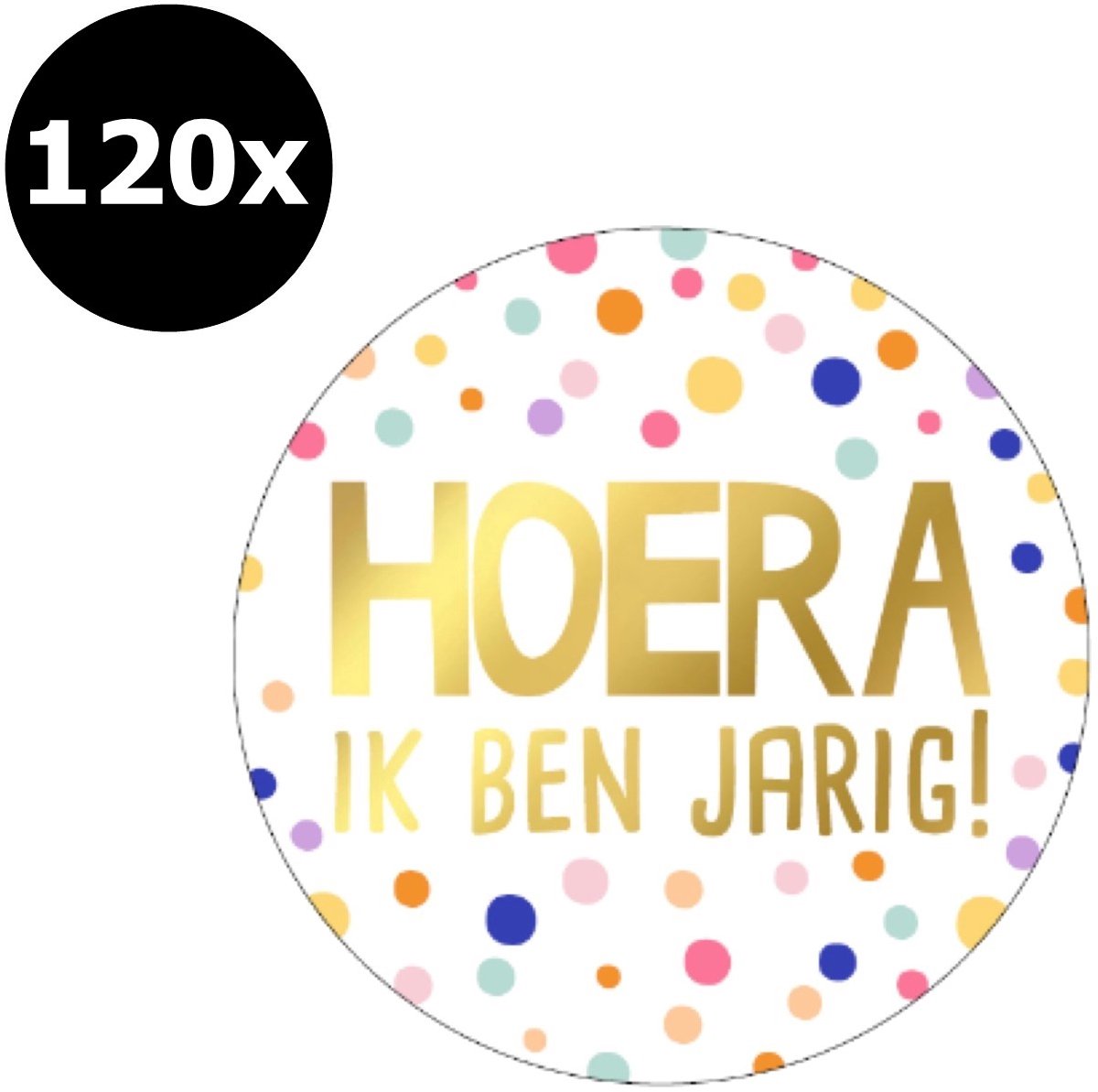 120x Sticker Hoera Ik Ben Jarig - 38mm - Hoera Goudfolie - Sluitsticker - Sluitzegel - Cadeau Sticker - Verjaardag - Stippen Multicolor - 120 Stuks