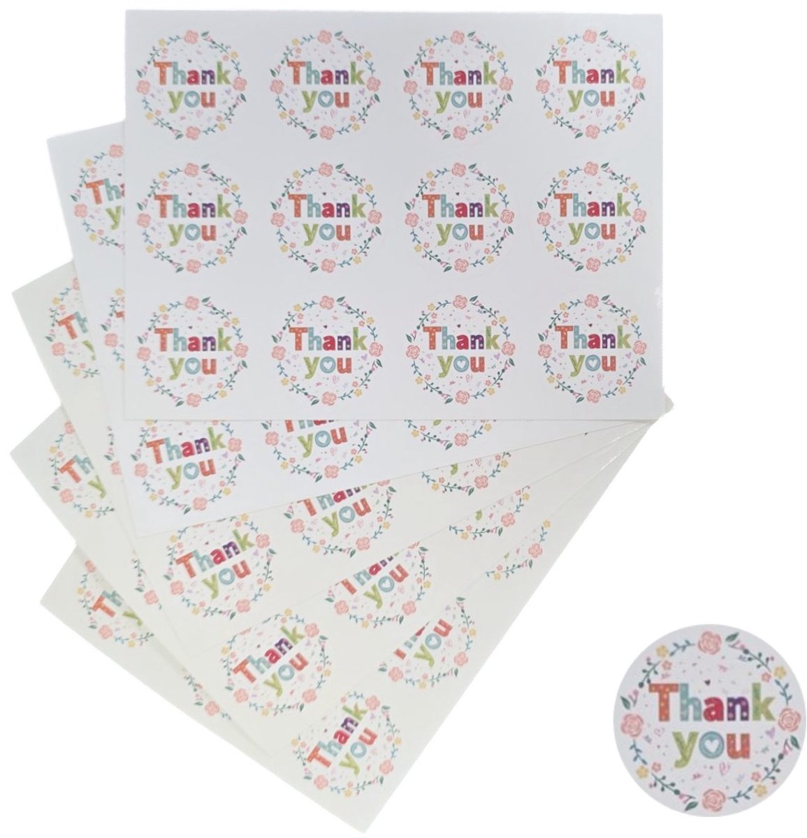 120x Thank You Stickers Op Vel - 35mm - Thank You Bloemen Krans - Sluitsticker - Sluitzegel - Cadeau Sticker - 120 Stuks