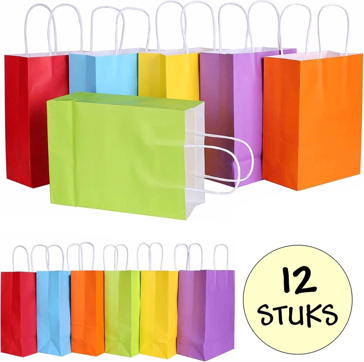 12x Papieren Uitdeeltasjes - 16x8x22cm - Stevig Papier - Traktatie Zakjes - Papieren Tasjes - Cadeau Zakjes - Uitdeelzakjes - 6 Verschillende Kleuren - Kraftpapier Draagtas - 12 Stuks