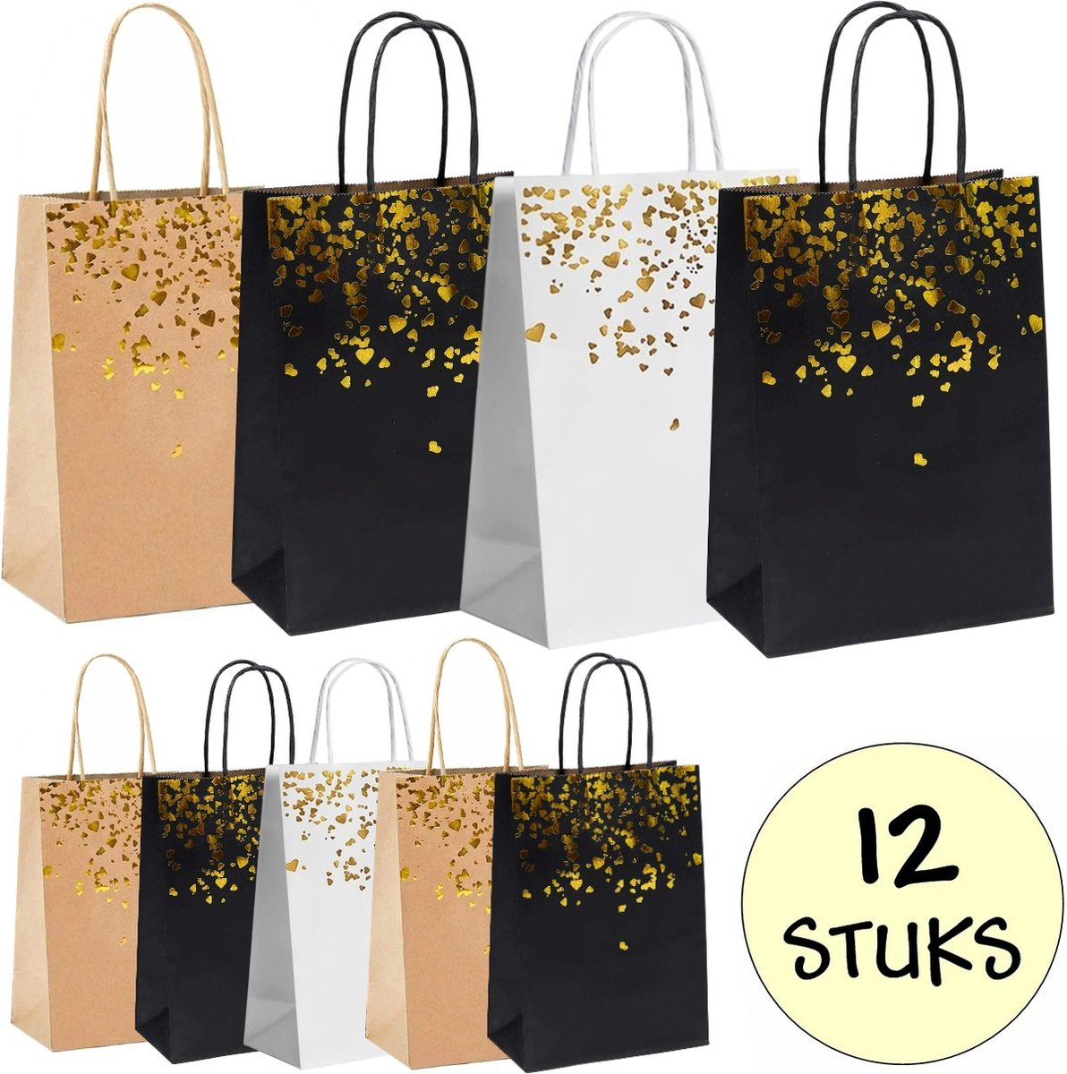 12x Papieren Uitdeeltasjes Gold Print Mix - 15x8x21cm - Stevig Papier - Traktatie Zakjes - Papieren Tasjes - Cadeau Zakjes - Uitdeelzakjes - Goud Print Mix - Kraftpapier - 12 Stuks